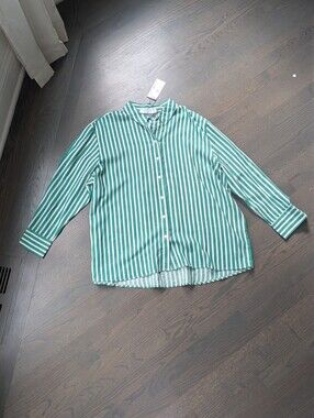 PRIMARK Womens Green White Striped Button Down Shirt Linen Blend Size XL